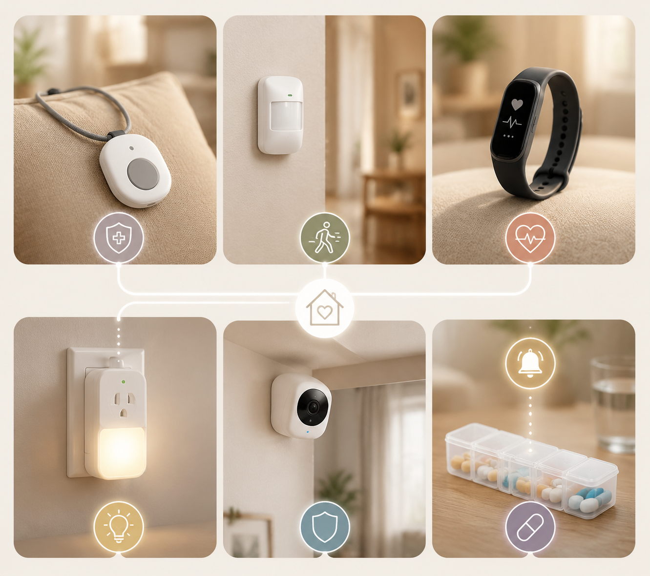 Six elderly monitoring system categories shown as device icons