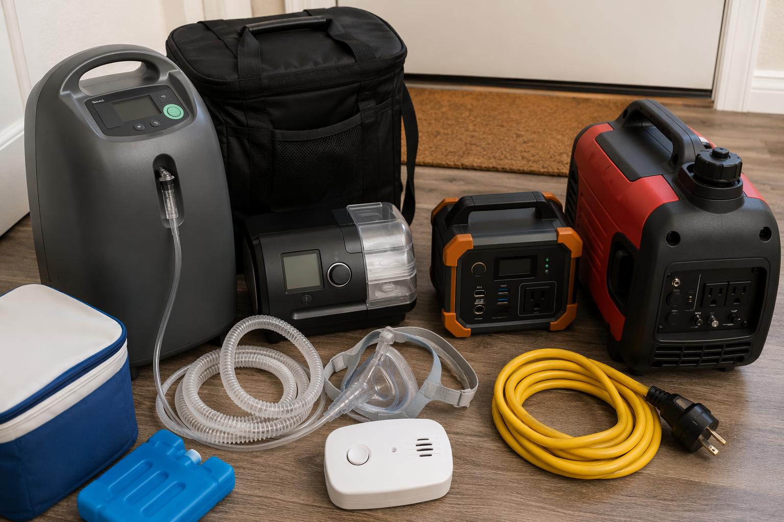 Portable oxygen concentrator, CPAP machine, battery pack, generator, extension cord, carbon monoxide detector, and medical tubing arranged for evacuation readiness