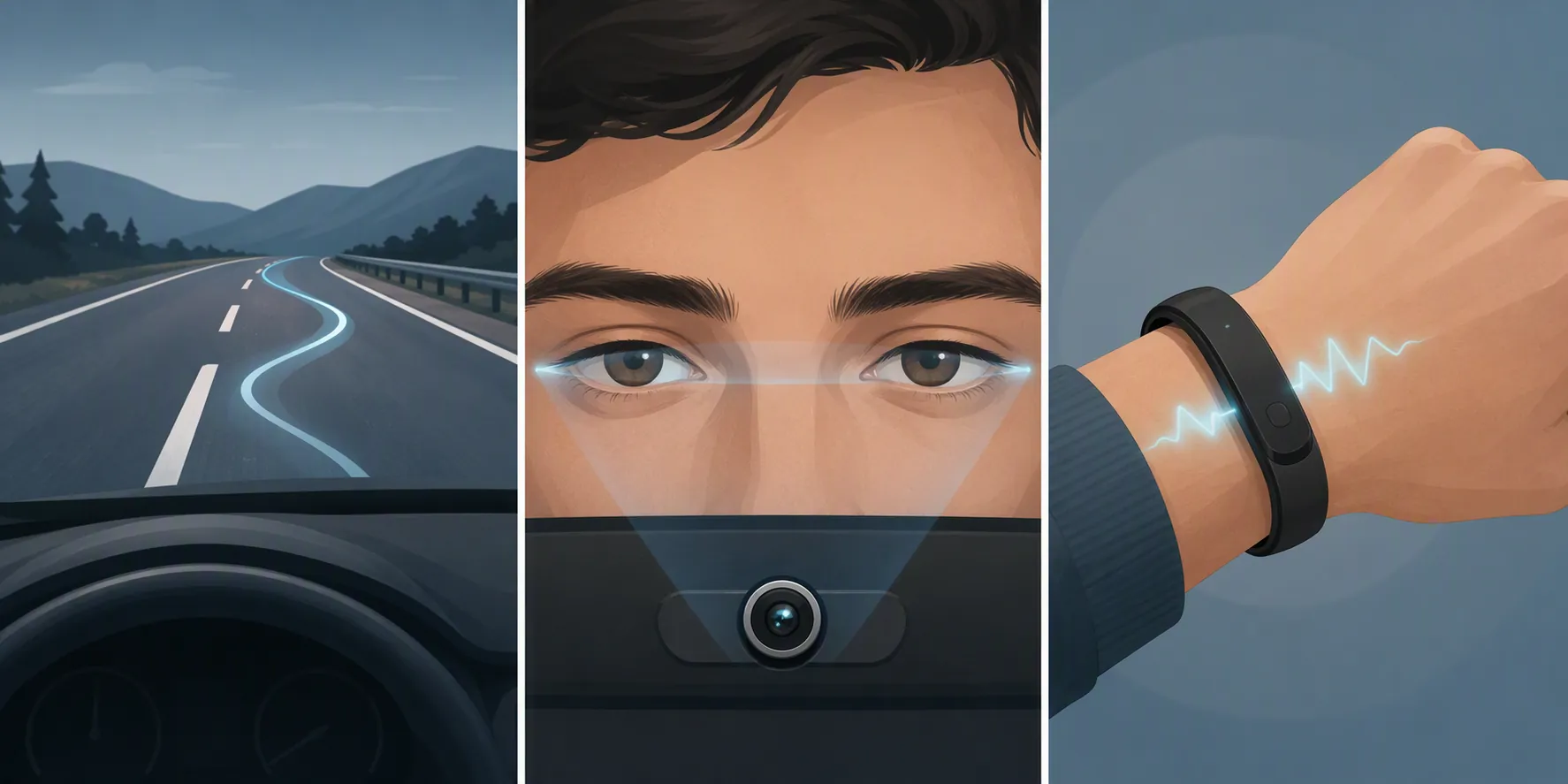 Three-panel illustration comparing lane drift, eye tracking, and wearable sensing for drowsiness detection