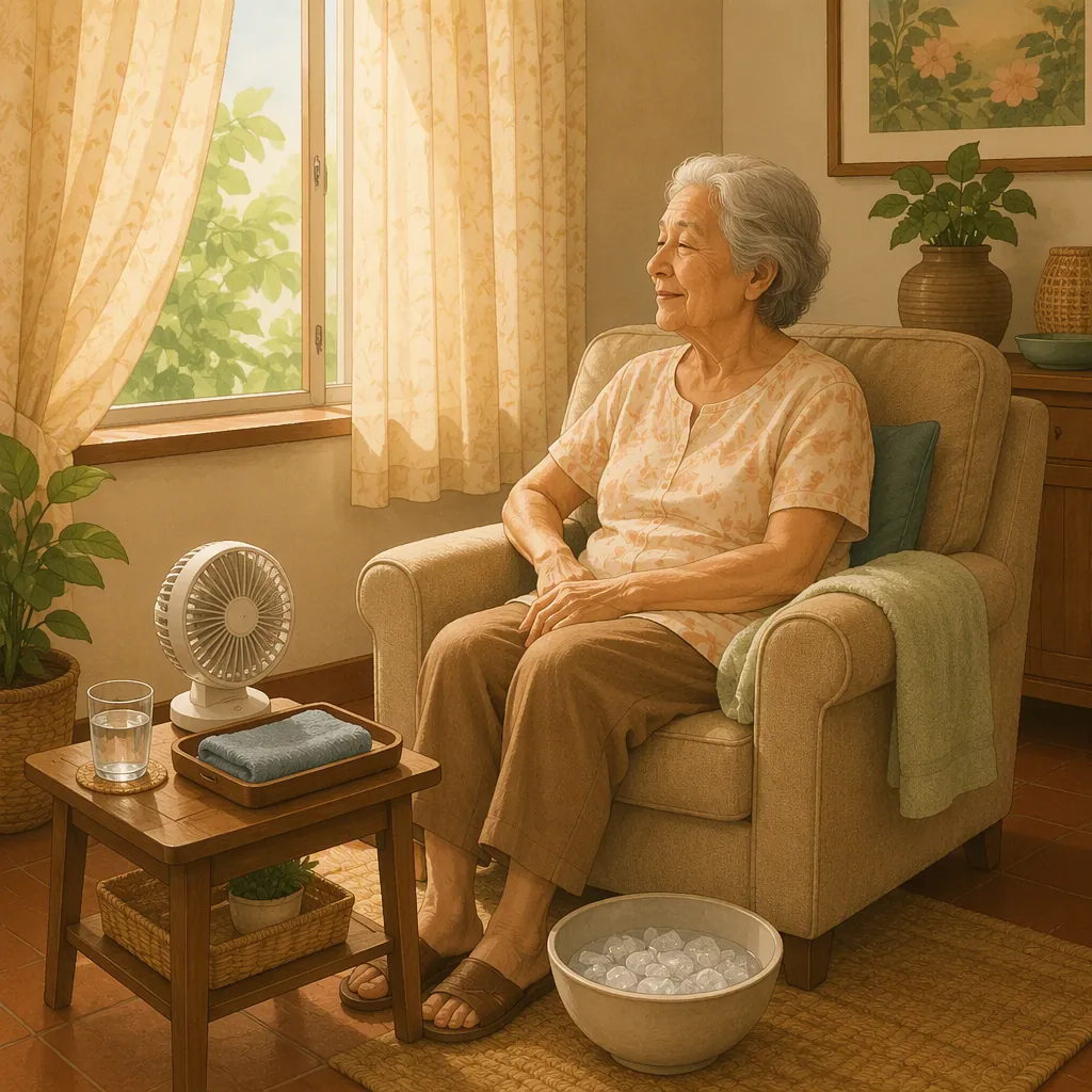 Home cool-corner setup with a chair, water, damp washcloth, fan, ice bowl, and shaded window