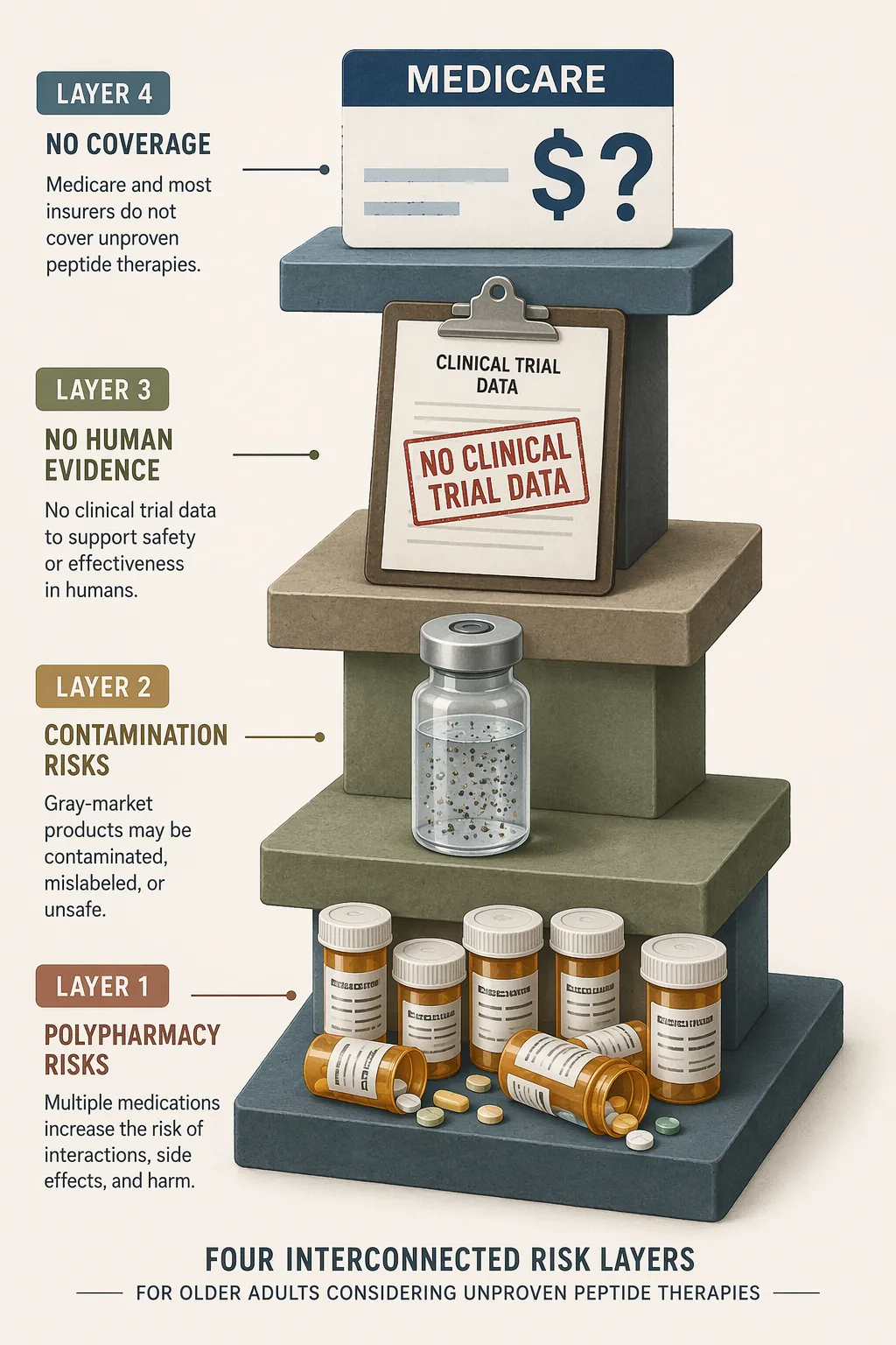 Layered illustration of polypharmacy, contamination, missing clinical trial data, and Medicare coverage risk