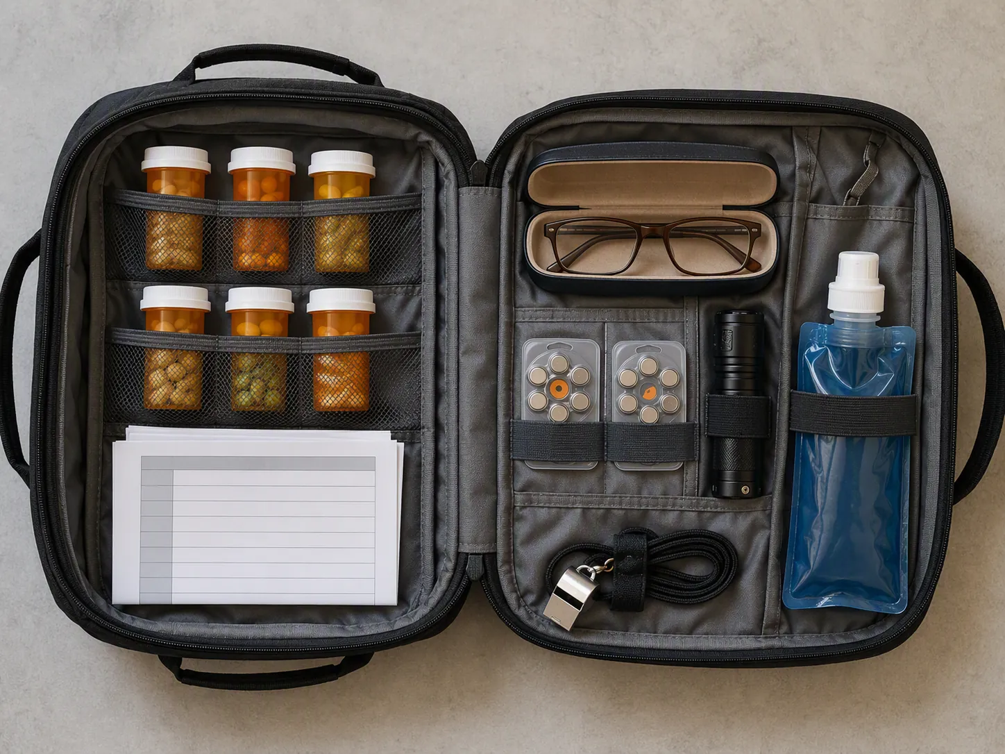 Open emergency go-bag with medication bottles, medication list, spare glasses, hearing-aid batteries, flashlight, whistle, and folded water bottle