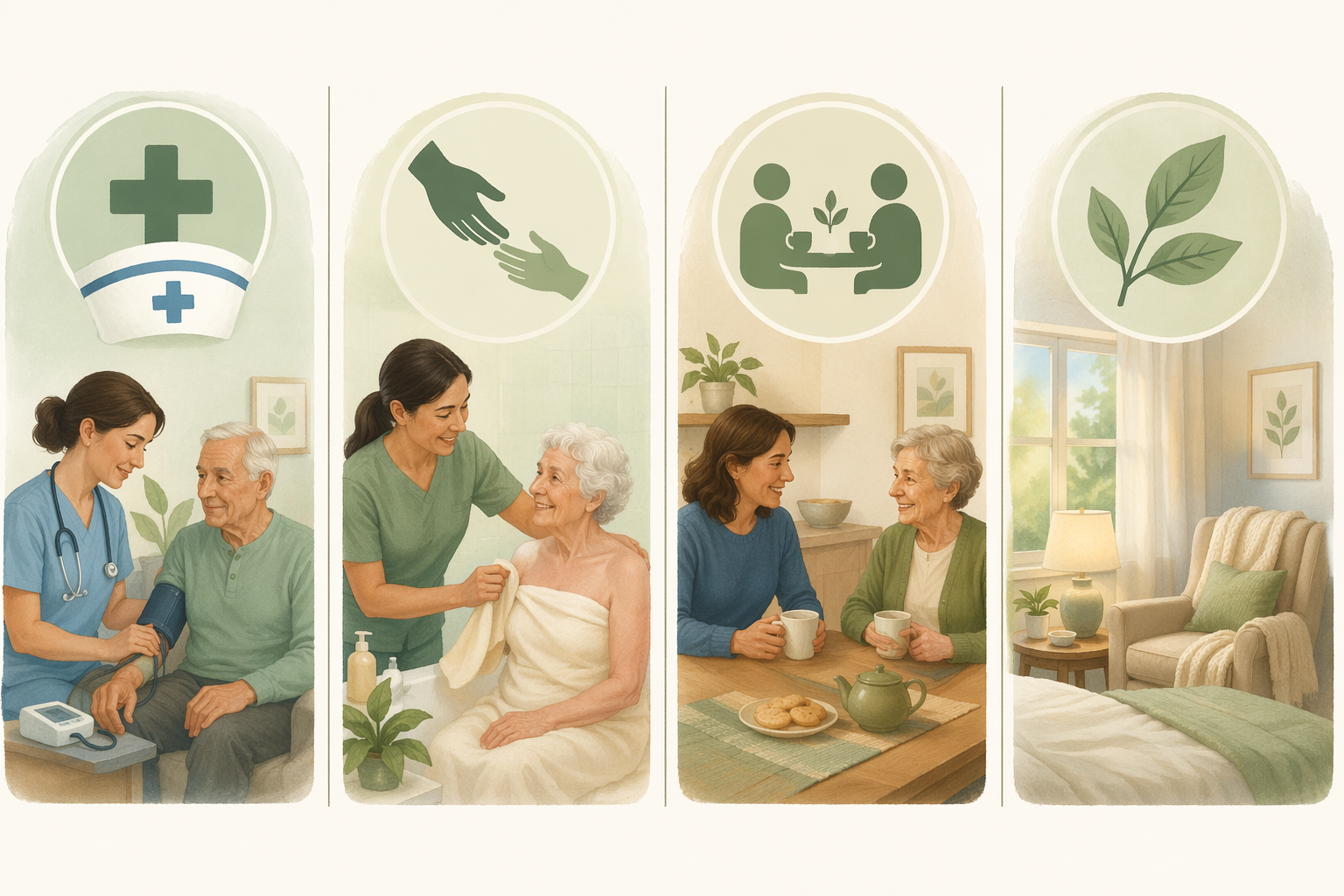 Four vignettes representing skilled home health care, personal care, companion services, and hospice at home