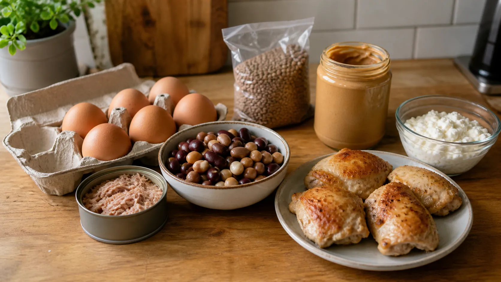 Affordable protein staples on a kitchen counter including eggs, canned tuna, beans, lentils, peanut butter, cottage cheese, and chicken thighs