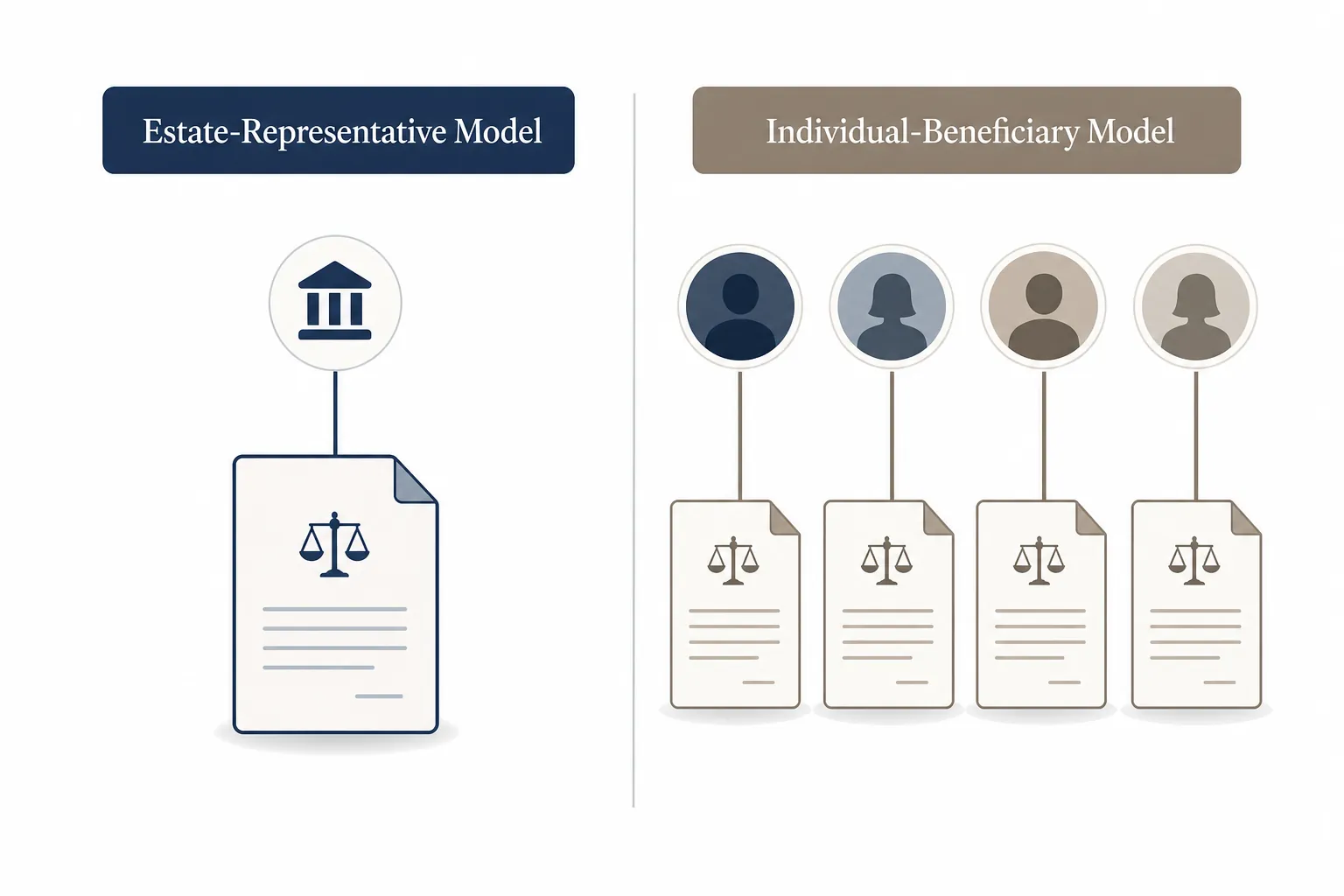 Infographic comparing estate-representative and individual-beneficiary wrongful death filing models