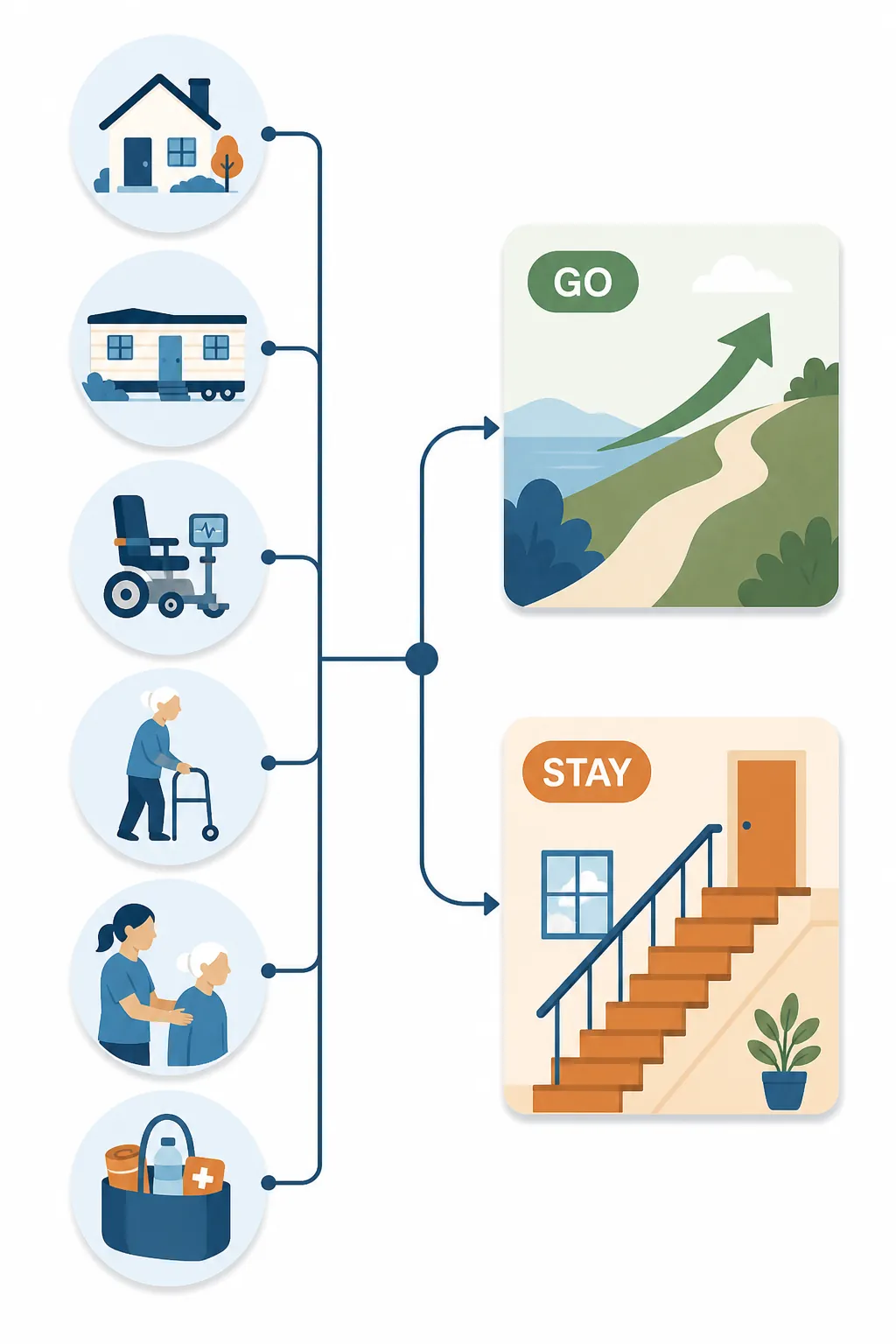 Icon-based flash flood stay-or-go decision flow with home, medical device, walker, helper, supply bag, GO, and STAY branches