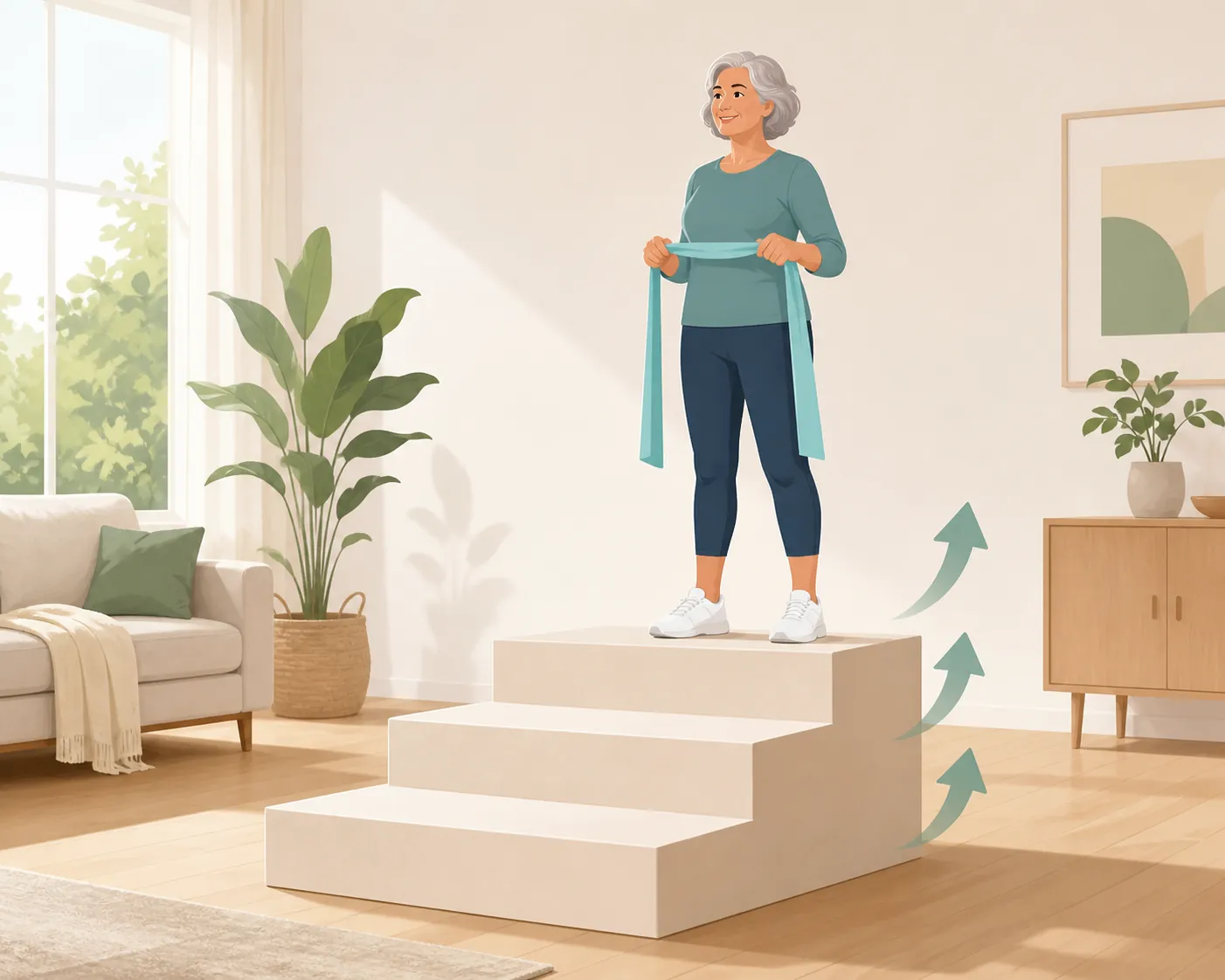 Gentle three-step progression ramp with an older adult holding a light resistance band
