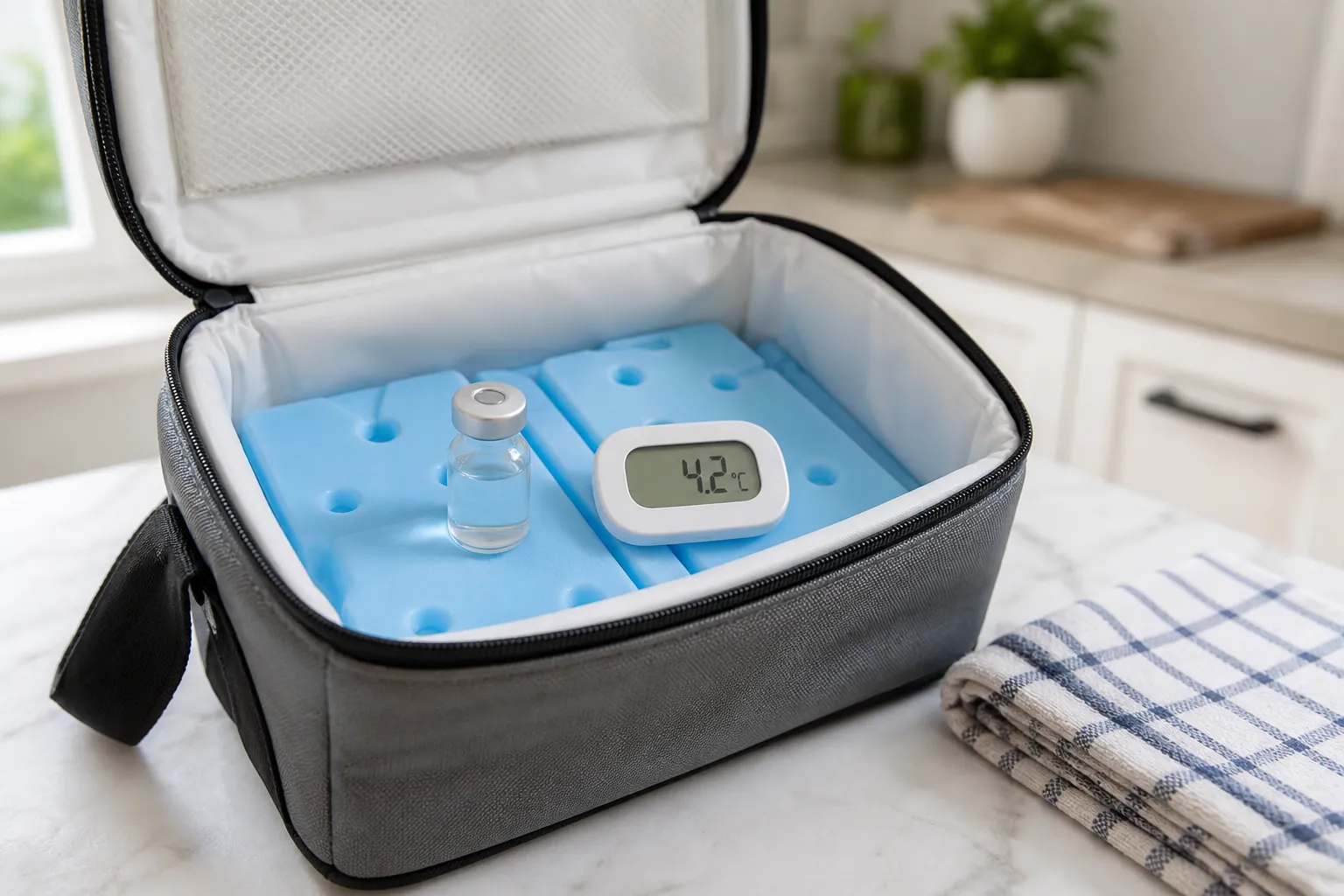 Insulated cooler with ice packs, medication vial, and digital thermometer for power outage medication storage