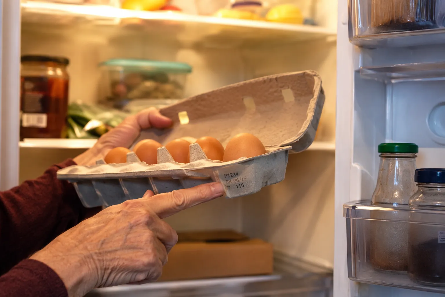 Older adult checking the printed code on an egg carton under refrigerator light