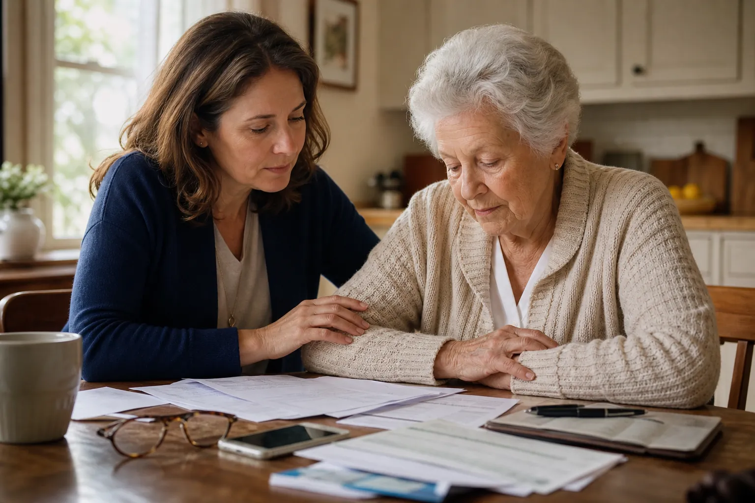 An adult daughter calmly reviews bank statements with her elderly mother at a kitchen table