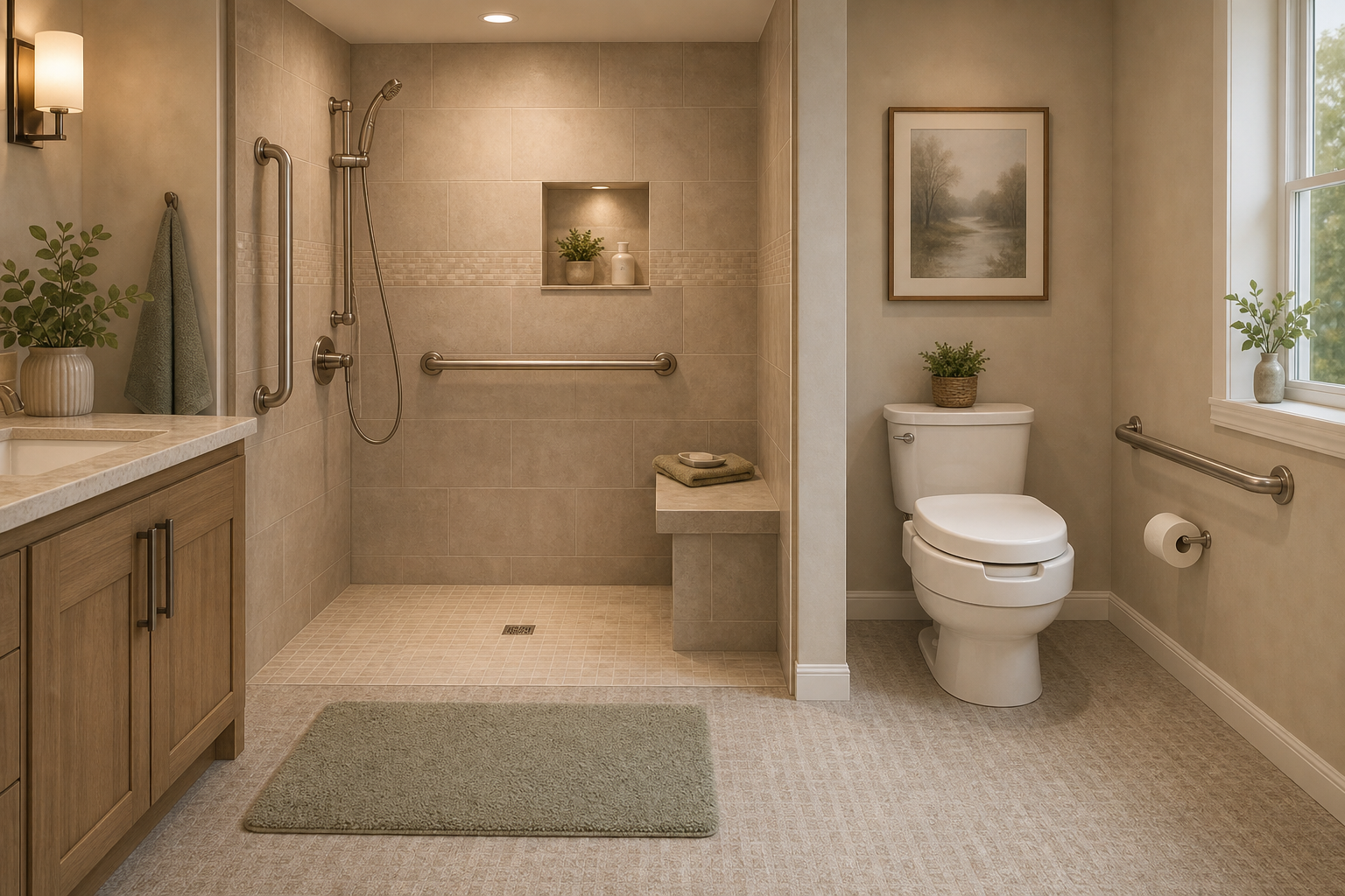 Soft illustration of an accessible bathroom with a curbless walk-in shower featuring a built-in bench and handheld showerhead, grab bars near the shower entry and toilet, a raised toilet seat riser, and nonslip textured flooring.