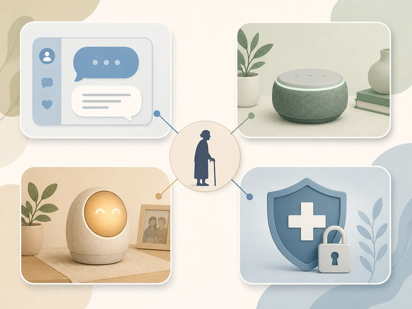 Illustration of an older person connected to four types of AI assistant: chatbot, smart speaker, companion device, and secure health app