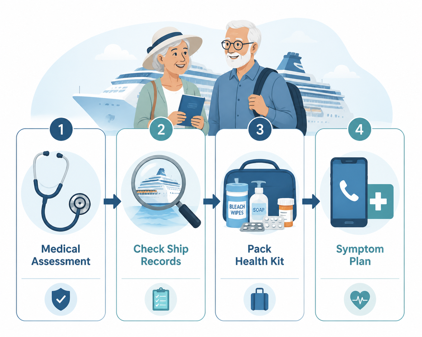 Flowchart showing medical assessment, vessel record check, health kit packing, and symptom reporting plan for cruise norovirus protection