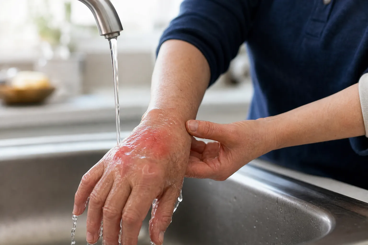 Older adult's hand and forearm held under cool running water at a kitchen sink while a caregiver steadies the arm