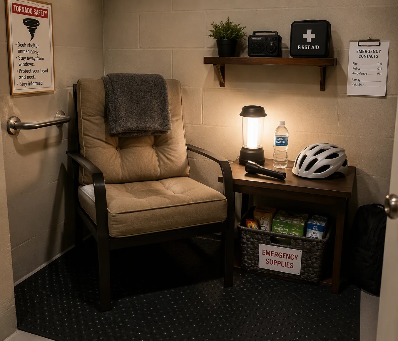 Windowless basement shelter room with a chair, lantern, water, supply basket, helmet, grab bar, and non-slip mat