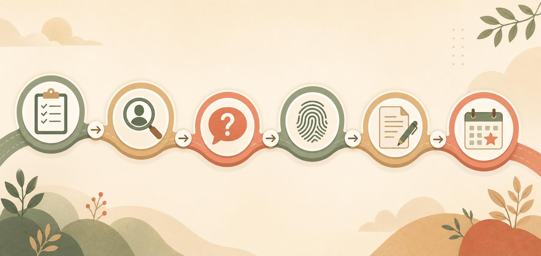 Six-step hiring roadmap showing needs assessment, sourcing, interviewing, background check, contract, and trial period.