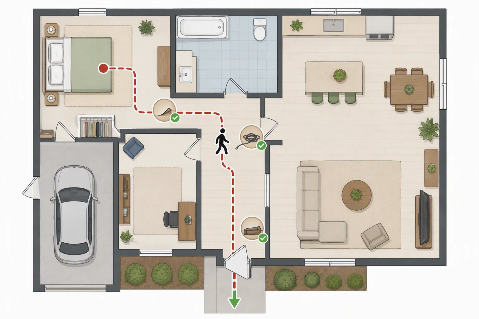 Floor plan showing an evacuation route from a bedroom through a hallway to the front door with walker and hazard markers