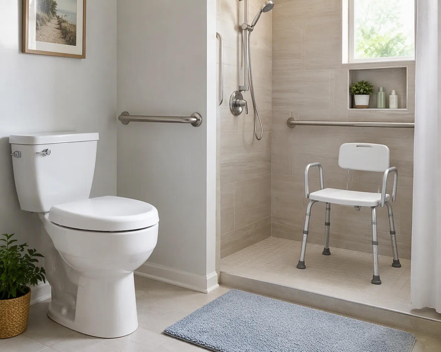 Accessible bathroom with a mounted grab bar, raised toilet seat, and shower chair with non-skid tips
