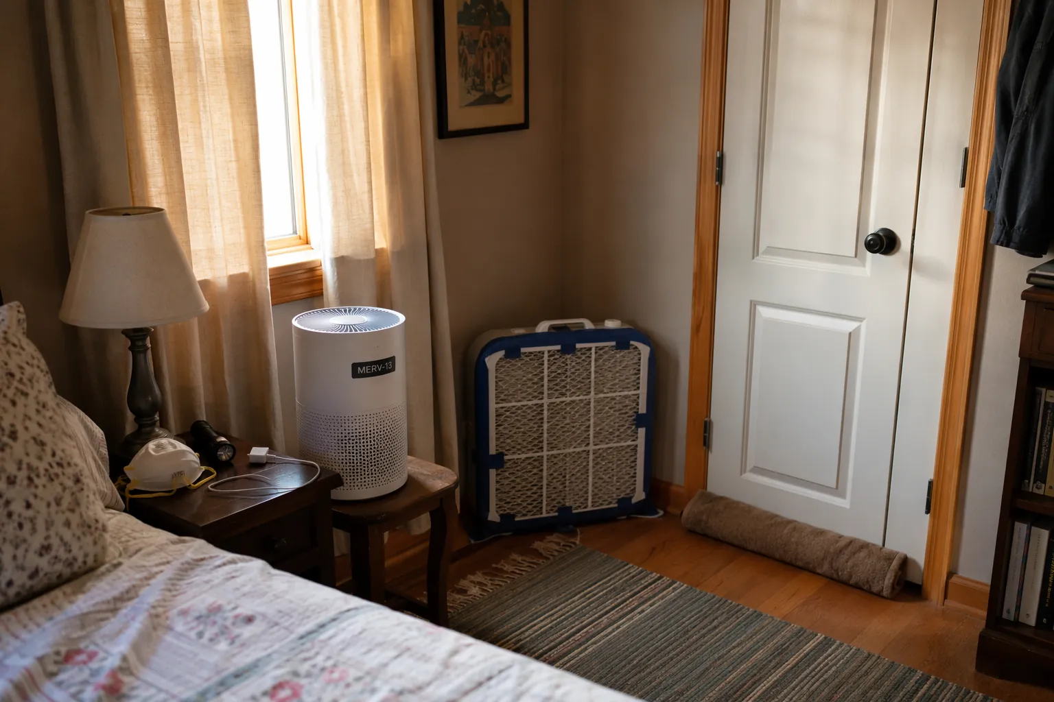 Prepared clean-air room with HEPA purifier, sealed window, towel under the door, N95 mask, flashlight, and phone charger