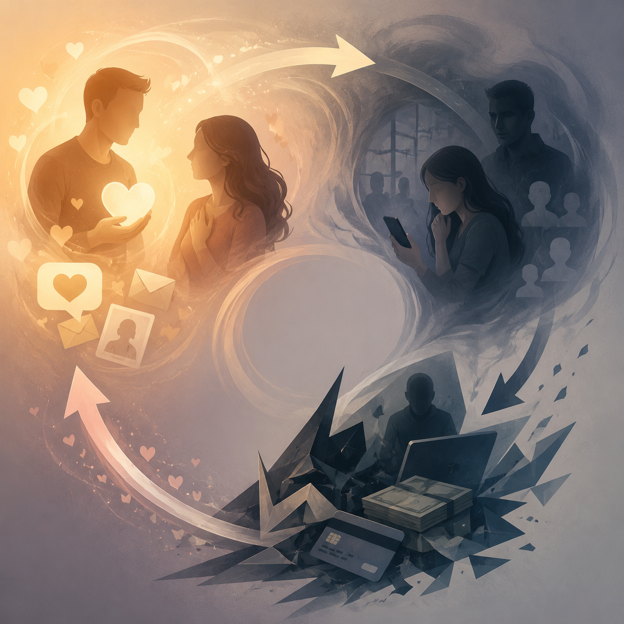 An abstract illustration showing a cycle from love bombing to isolation and exploitation