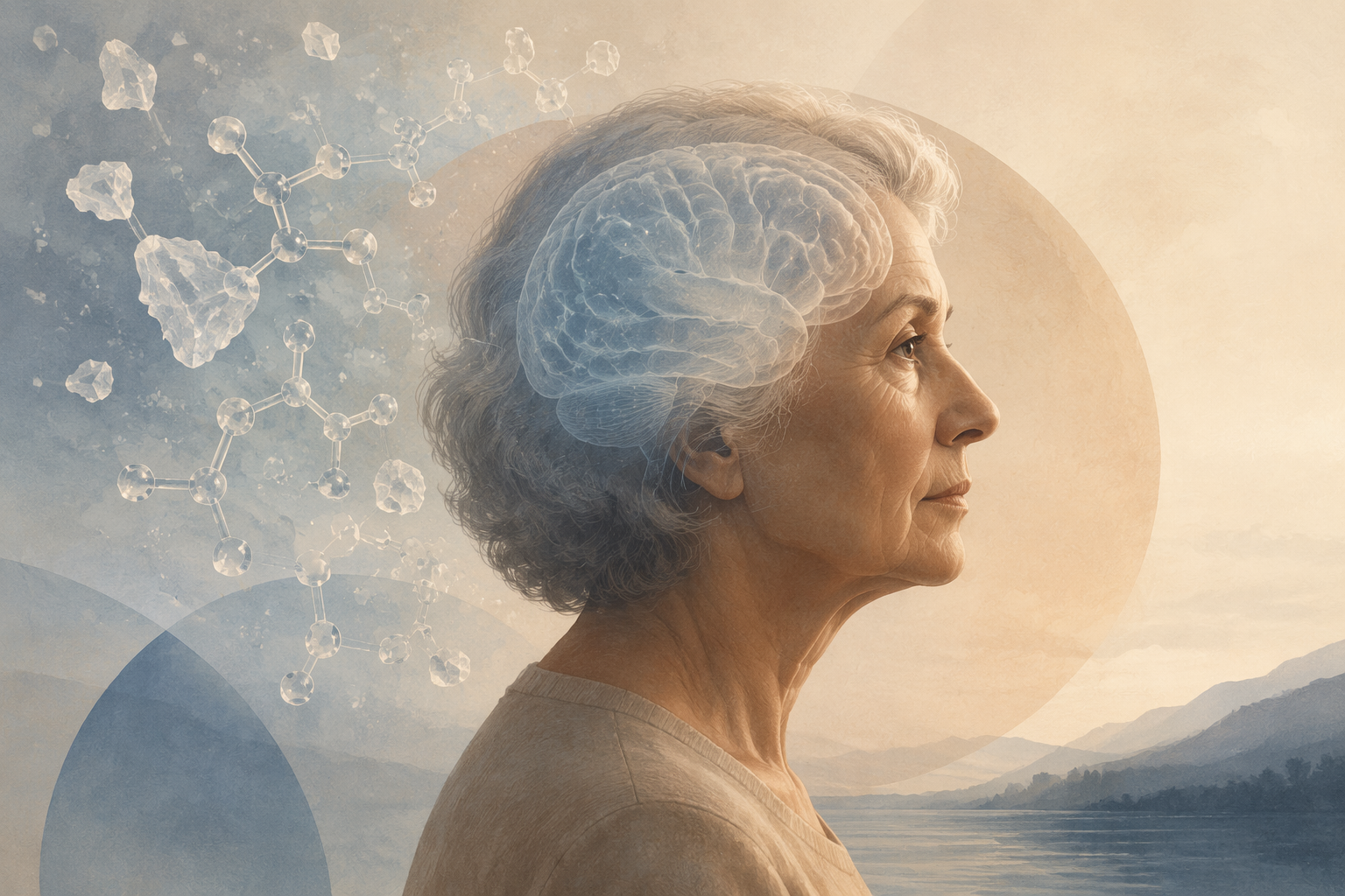 Older person's profile with molecular structures and a translucent brain silhouette