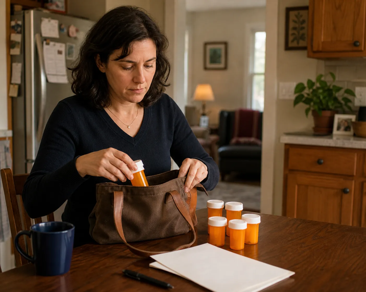 Adult child packing prescription bottles and a handwritten medication list before a parent's hospital admission