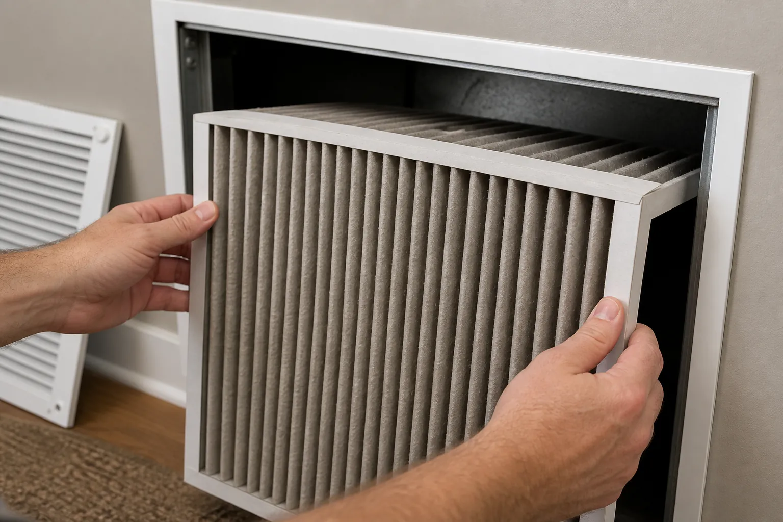 Hands sliding a thick pleated HVAC air filter into an open furnace return vent