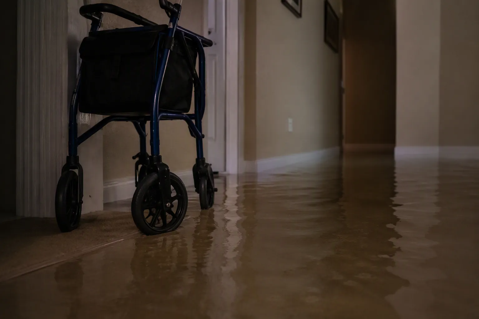 Walker stopped at the edge of shallow floodwater in a dim residential hallway