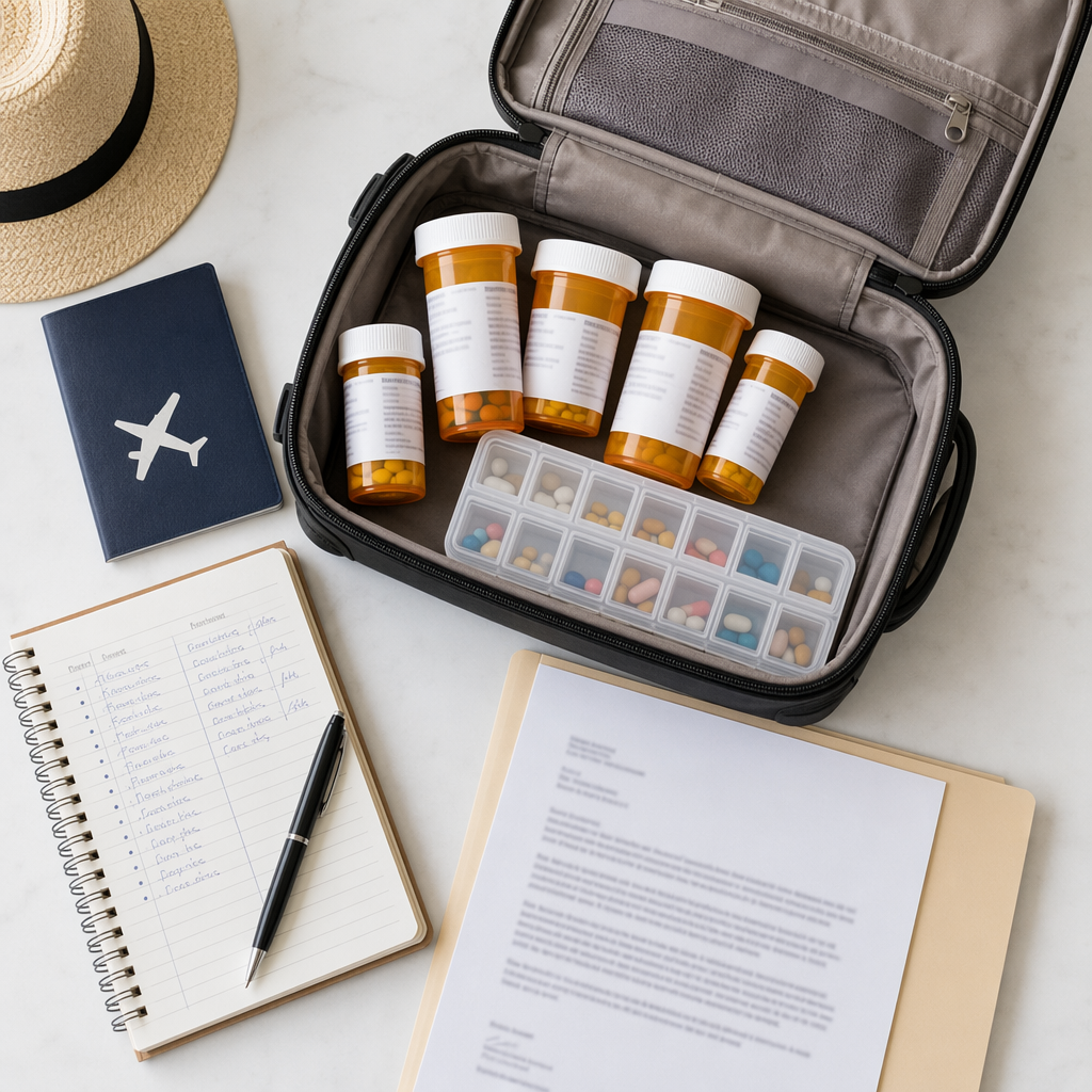 Medication travel supplies with prescription bottles, medication list notebook, doctor's letter, pill organizer, and carry-on bag