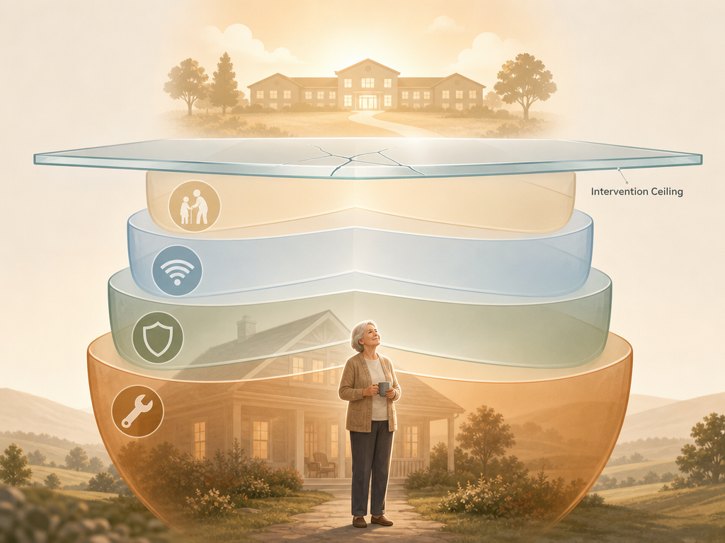 Editorial illustration showing four protective translucent layers rising around a house, reaching a glass-like ceiling with a subtle crack line labeled 'Intervention Ceiling,' with a facility building silhouette glowing above.