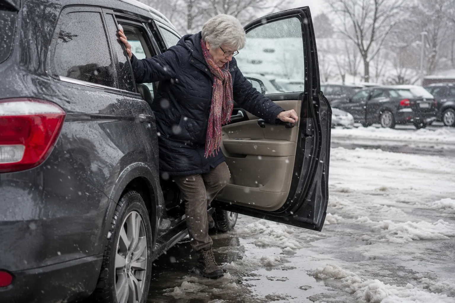 Older adult exiting an SUV onto slush-covered pavement in a snowy parking lot