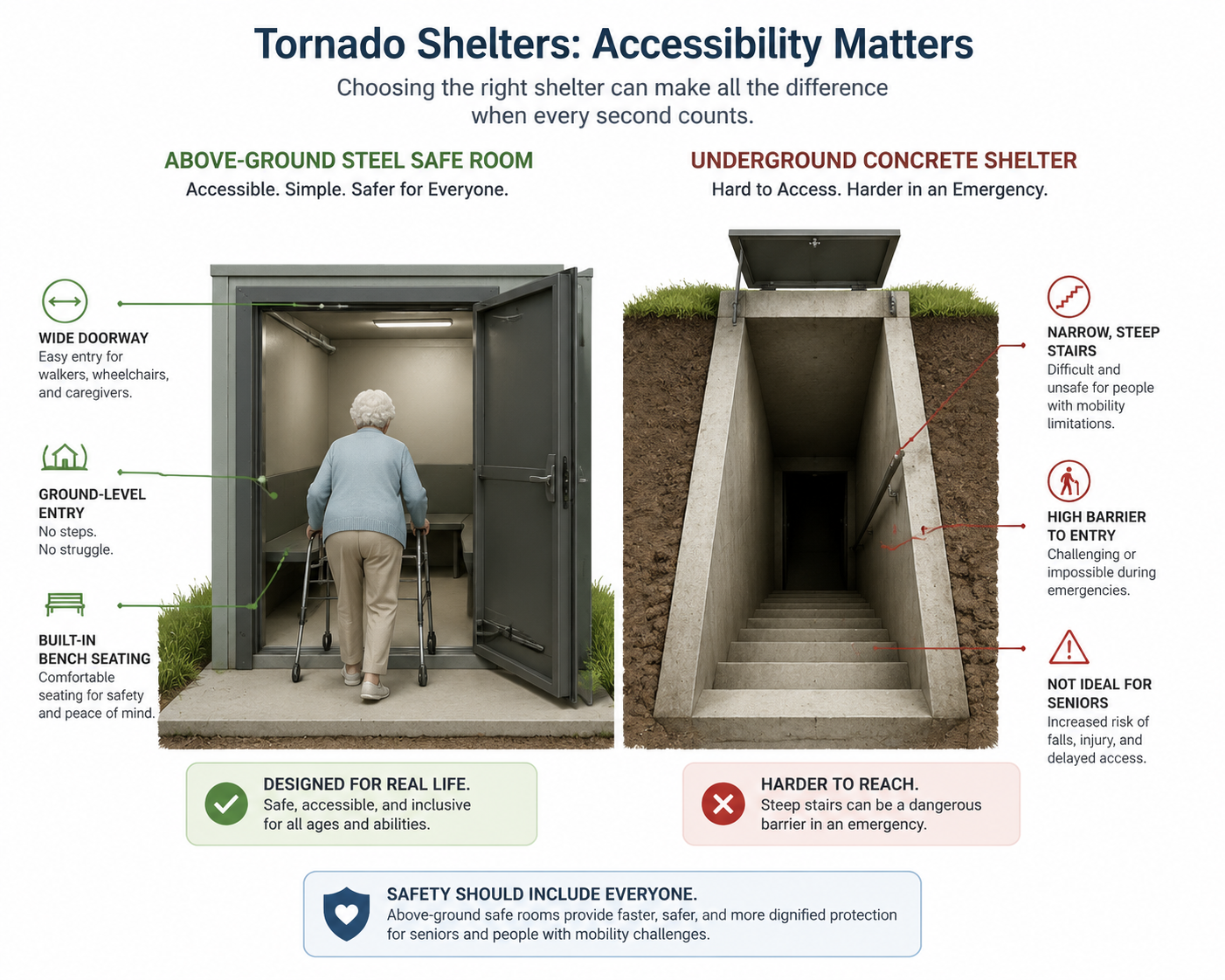 Side-by-side comparison of an above-ground safe room and an underground storm shelter for senior access
