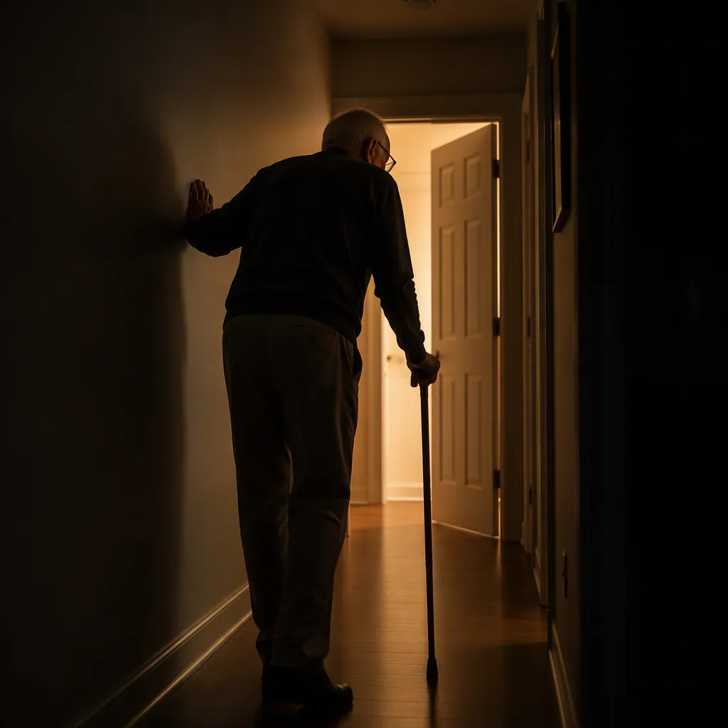 Older man walking carefully with a cane through a dim hallway toward a lit interior room