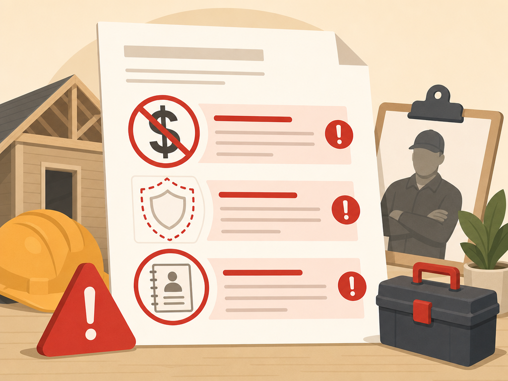 A document with red warning icons including a crossed-out dollar sign, a missing shield, and an empty directory listing, representing common contractor red flags.