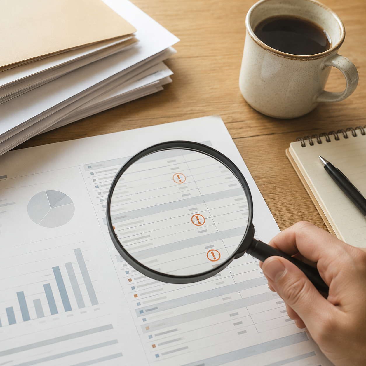 Magnifying glass over a financial statement with warning icons