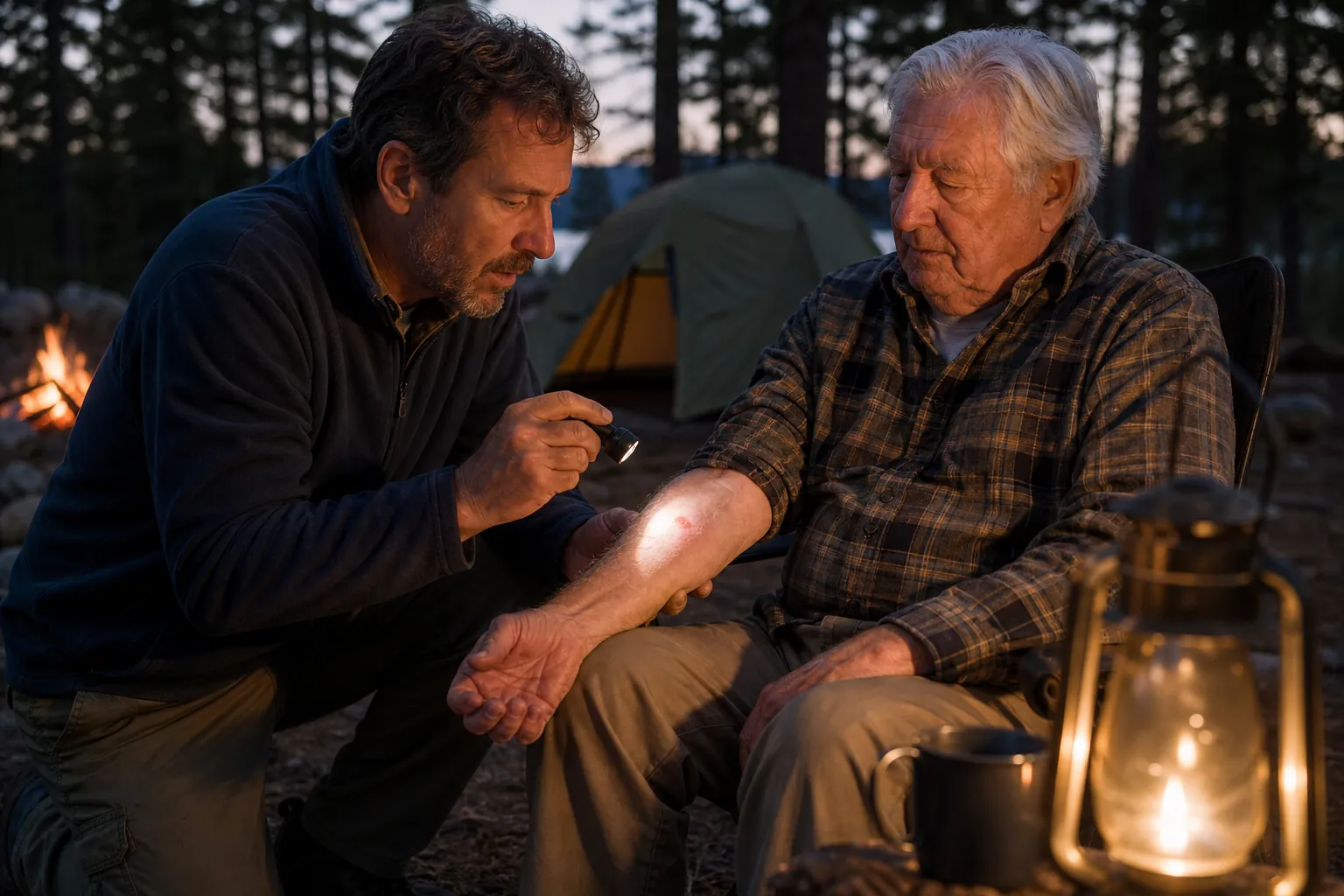 Adult checking an older camper’s forearm bite by flashlight at a forest campsite