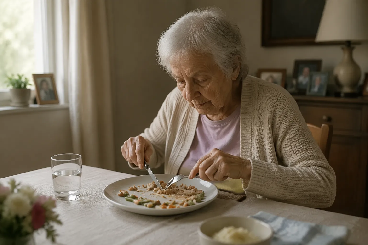 Older adult at a home dining table cutting food into small pieces with a half-eaten plate nearby