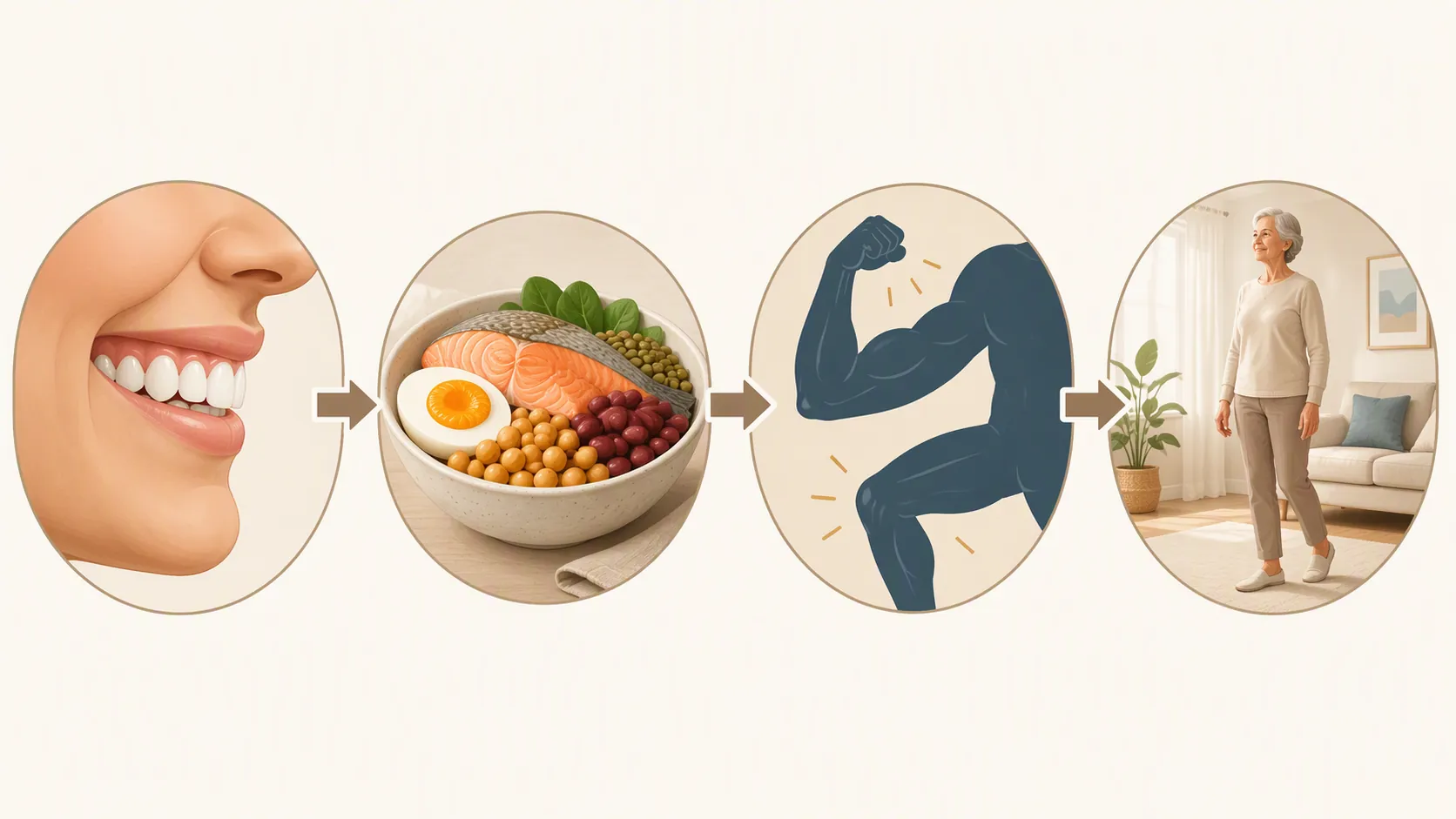 Illustration linking healthy gums, protein-rich food, muscle strength, and fall prevention