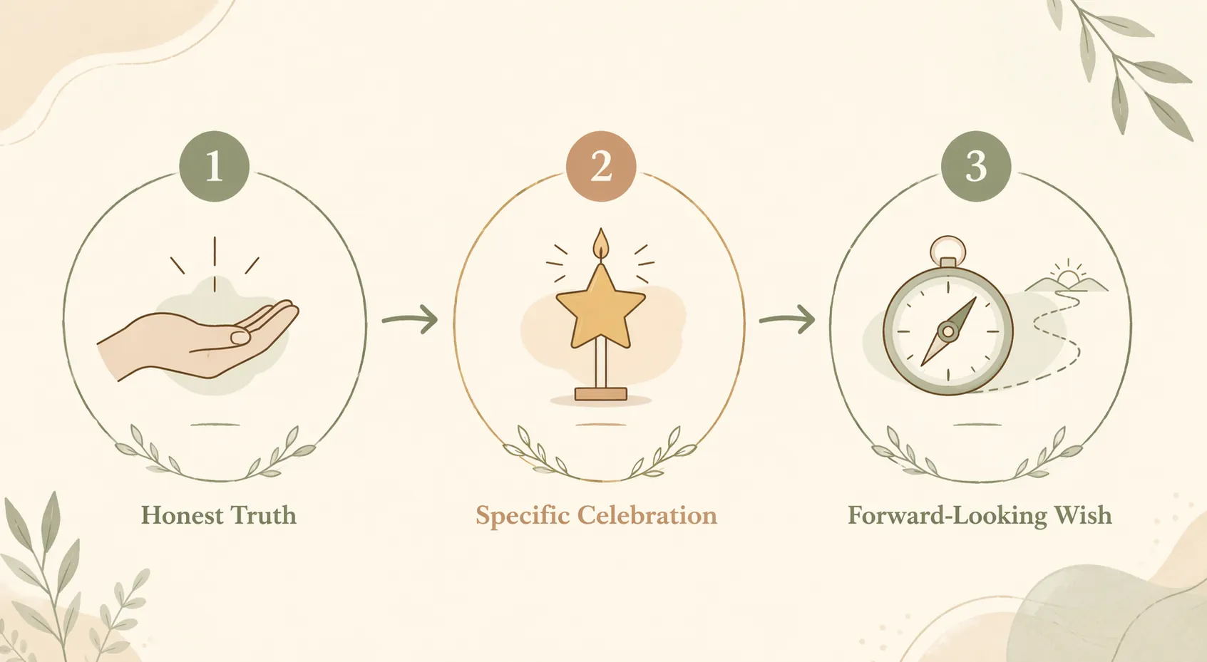 Three-step diagram showing Honest Truth, Specific Celebration, and Forward-Looking Wish