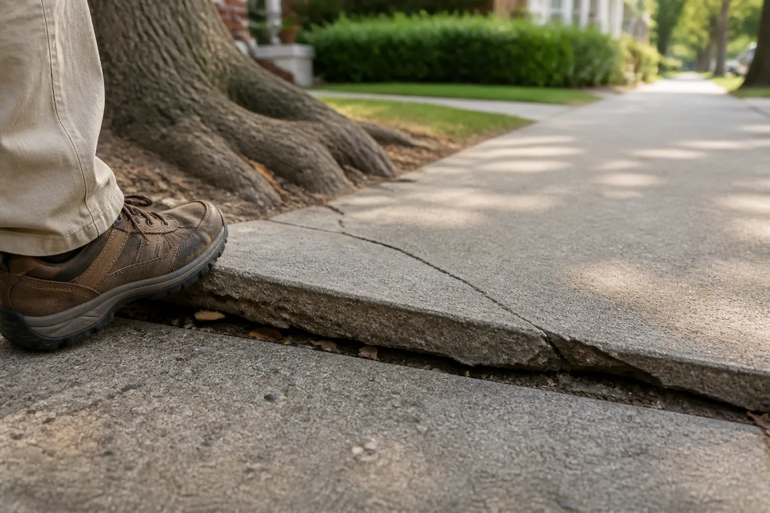 Walking shoe paused beside a cracked tree-lifted sidewalk slab that creates a tripping hazard