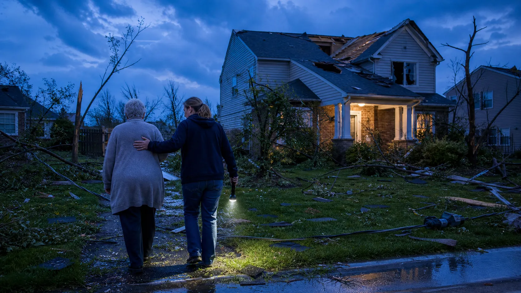 Older adult guided by flashlight along a clear path after tornado damage, with debris, standing water, and a downed power line nearby