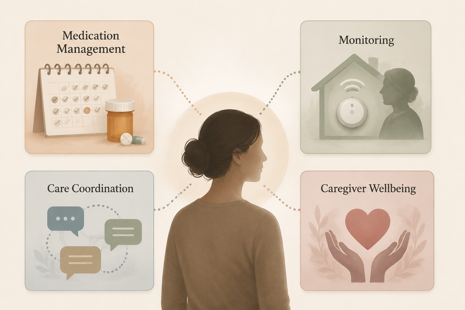 Four caregiving AI categories connected to a central caregiver silhouette