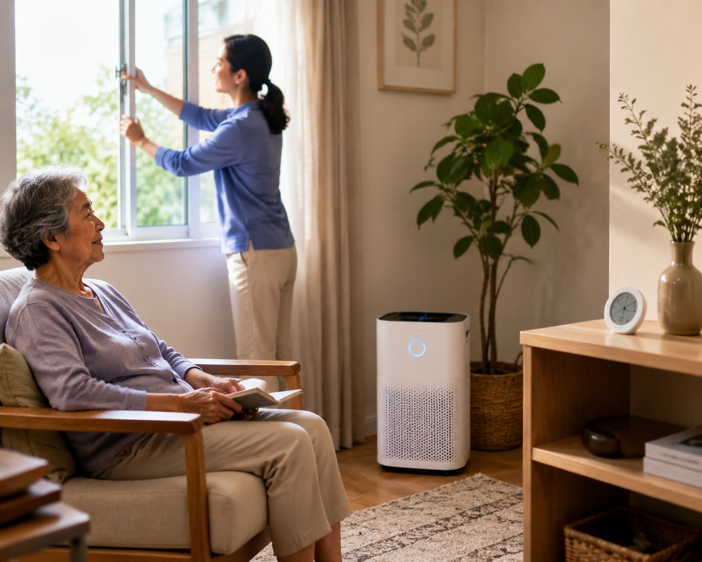 Caregiver adjusting a window in a living room with an older adult, portable air cleaner, and humidity gauge