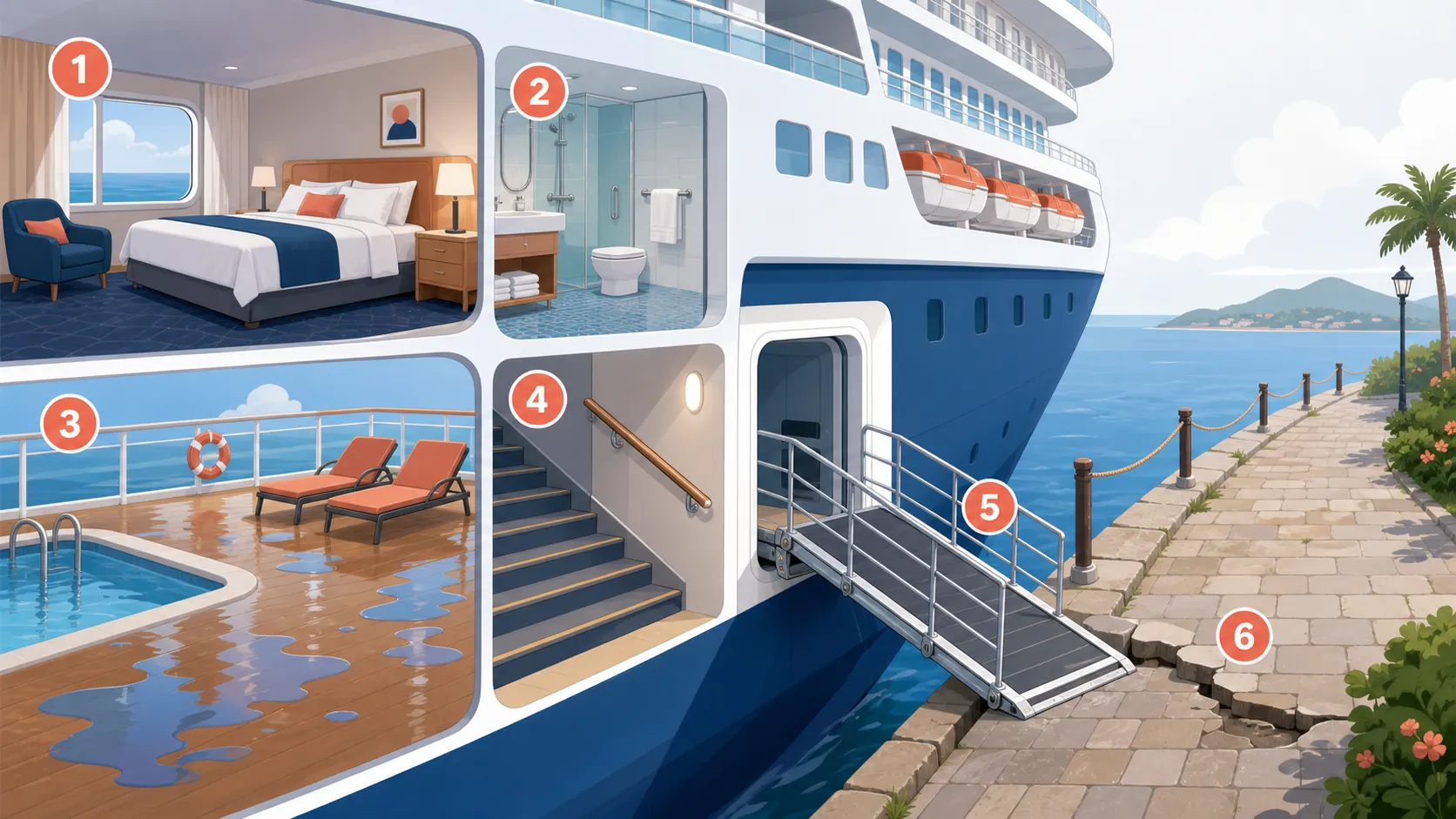 Cutaway illustration of a cruise ship showing cabin, bathroom, wet pool deck, stairs, gangway, and shore excursion fall-risk zones
