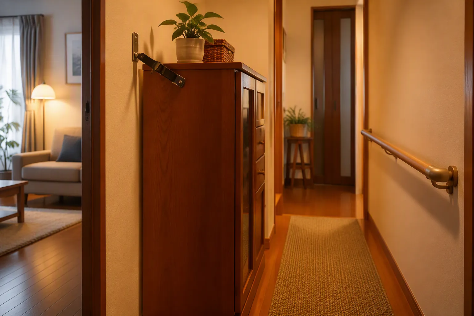 Japanese home interior with secured cabinet, hallway grab bar, clear walking path, warm lighting, and non-slip mat