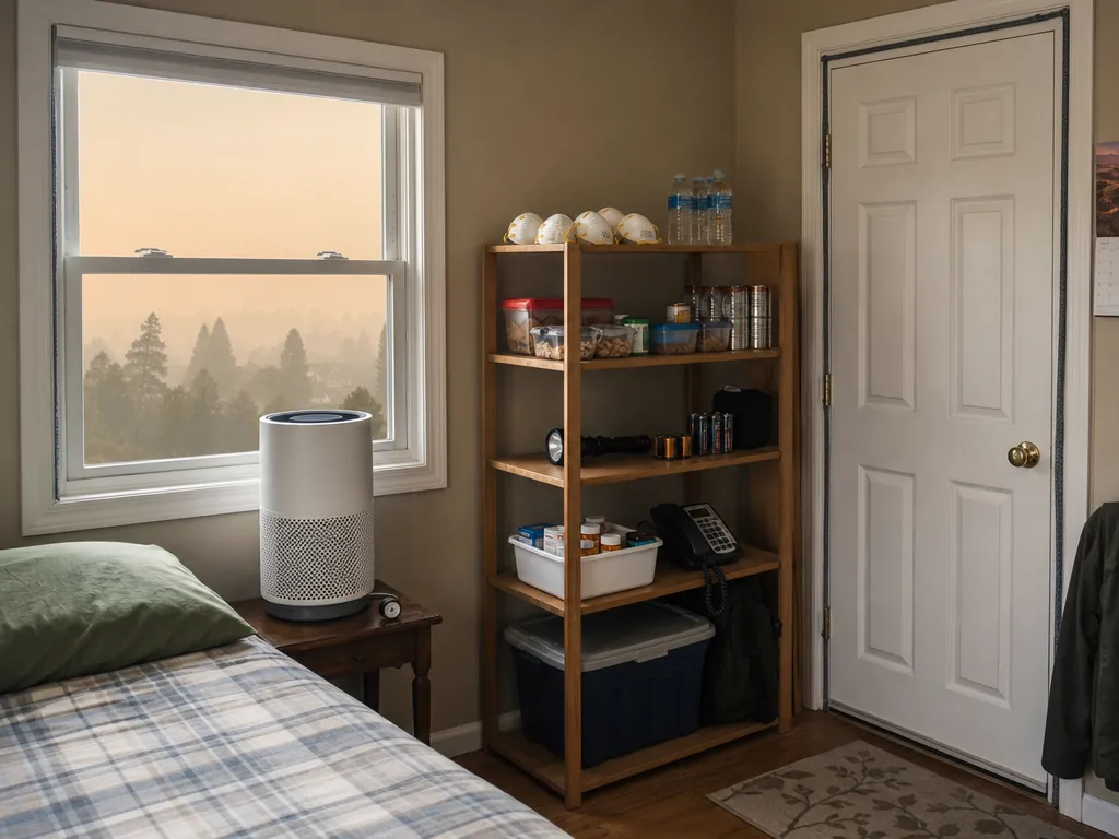 Prepared clean room with HEPA air purifier, sealed door and window, N95 masks, water, food, batteries, and medications