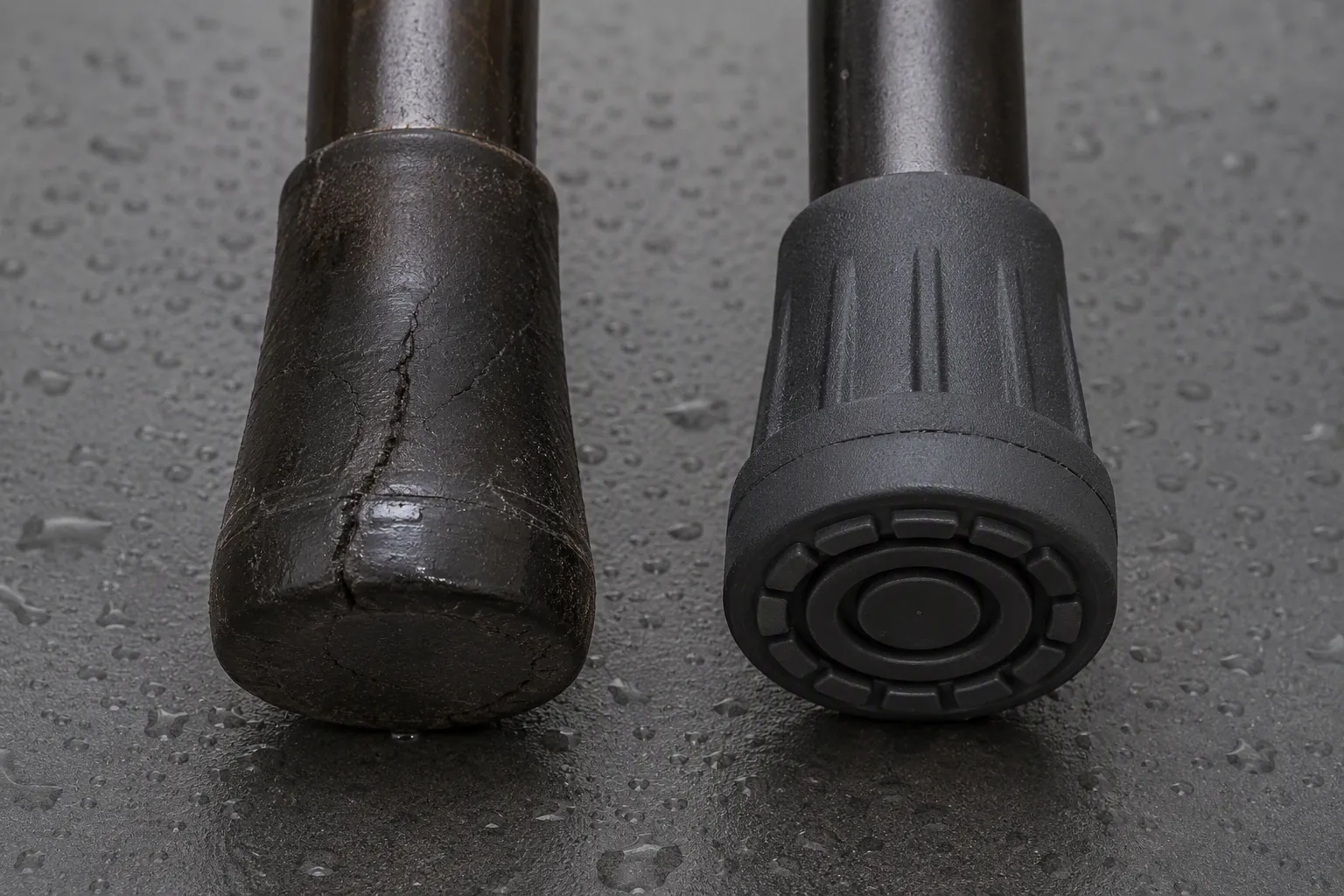 Worn and new walking cane tips compared on a wet surface