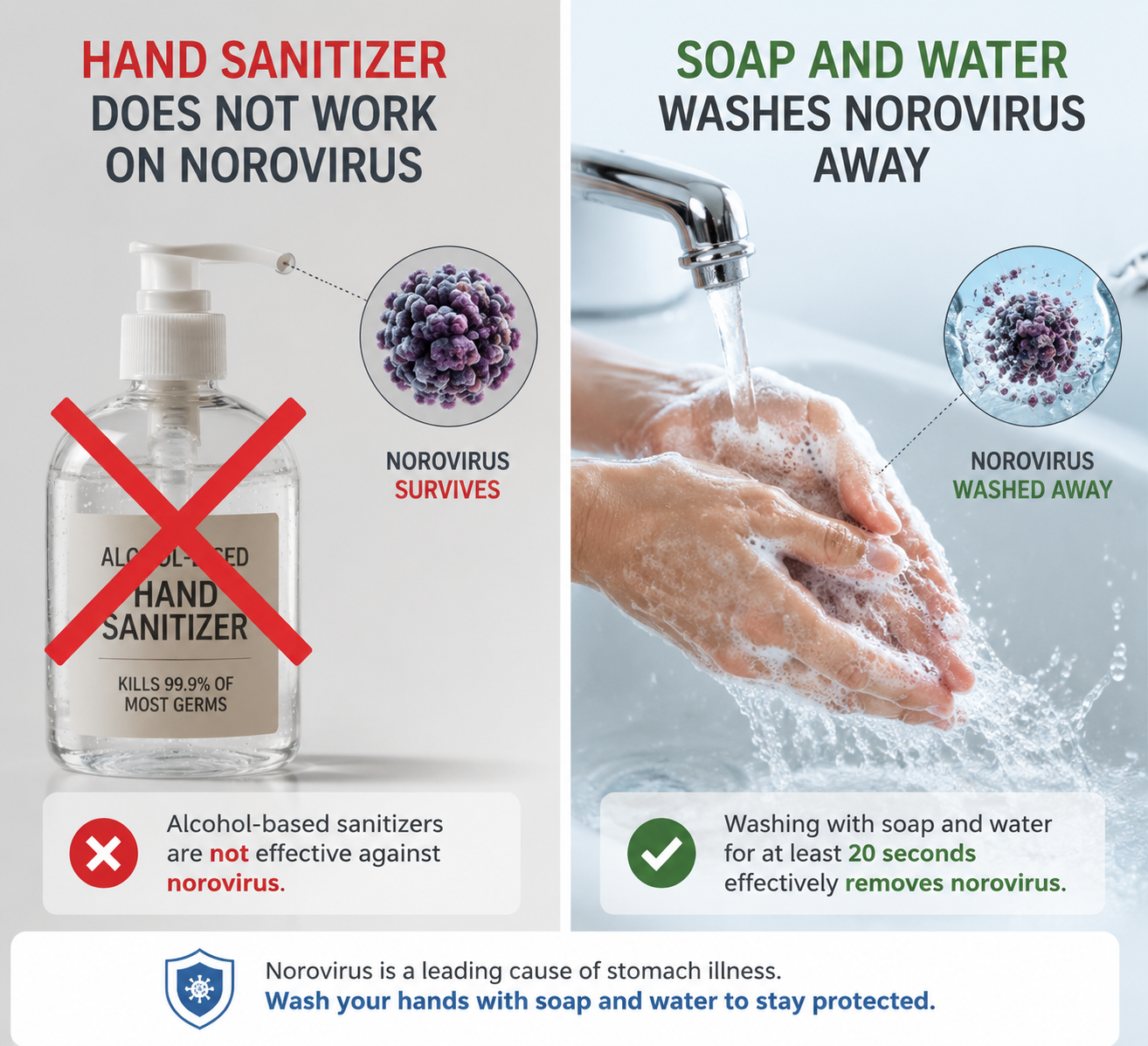 Comparison showing hand sanitizer marked ineffective against norovirus and soap-and-water handwashing marked effective
