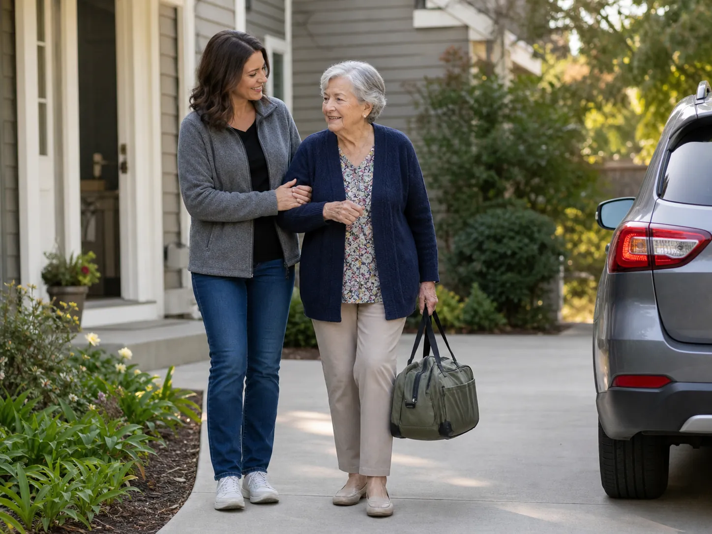 Neighbor supporting an older woman as she walks from her front door to a waiting car with a go-bag