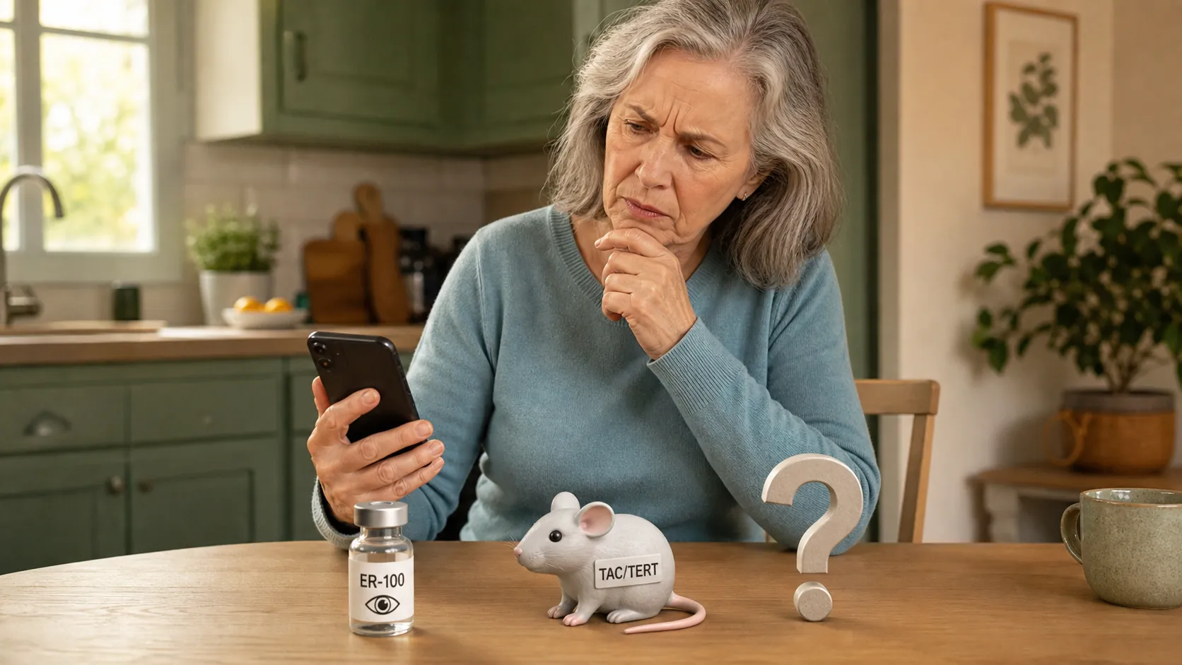 Older woman at a kitchen table looking puzzled at a smartphone, with a medical vial, mouse figurine, and question mark separated on the table
